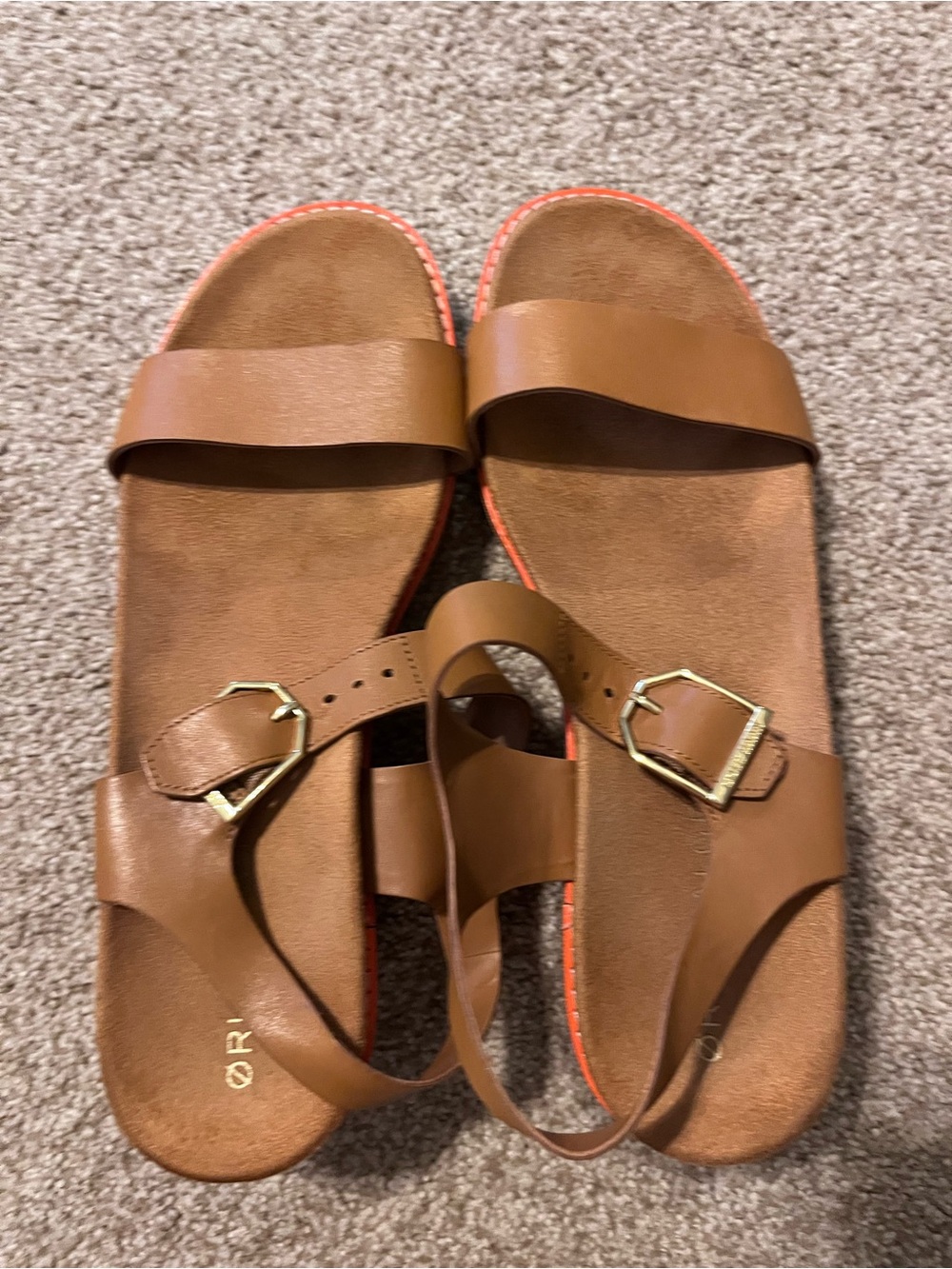 Cole Haan Brown Leather Buckle Strap Sandals with Orange Accents